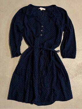 LOFT Navy Textured Dot Tie-Waist Midi Dress